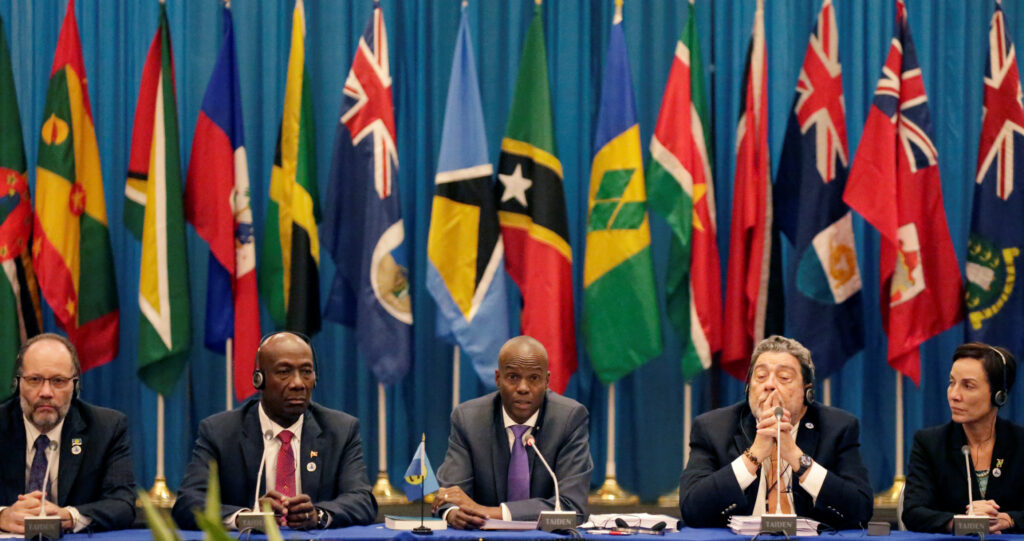 Secretary-General and Chief Executive Officer of the Caribbean Community, Ambassador Irwin LaRocque, Trinidad and Tobago's Prime Minister Keith Rowley, Haiti's President and Current Chair of the Caribbean Community, Jovenel Moise, Saint Vincent and the Grenadines Prime Minister Ralph Gonsalves and Jamaica's Minister of Foreign Affairs Kamina Johnson-Smith (L to R), during a news conference at the 29th Inter-Sessional Meeting of CARICOM heads of Government in Port-au-Prince, Haiti, February 28, 2018. REUTERS/Andres Martinez Casares